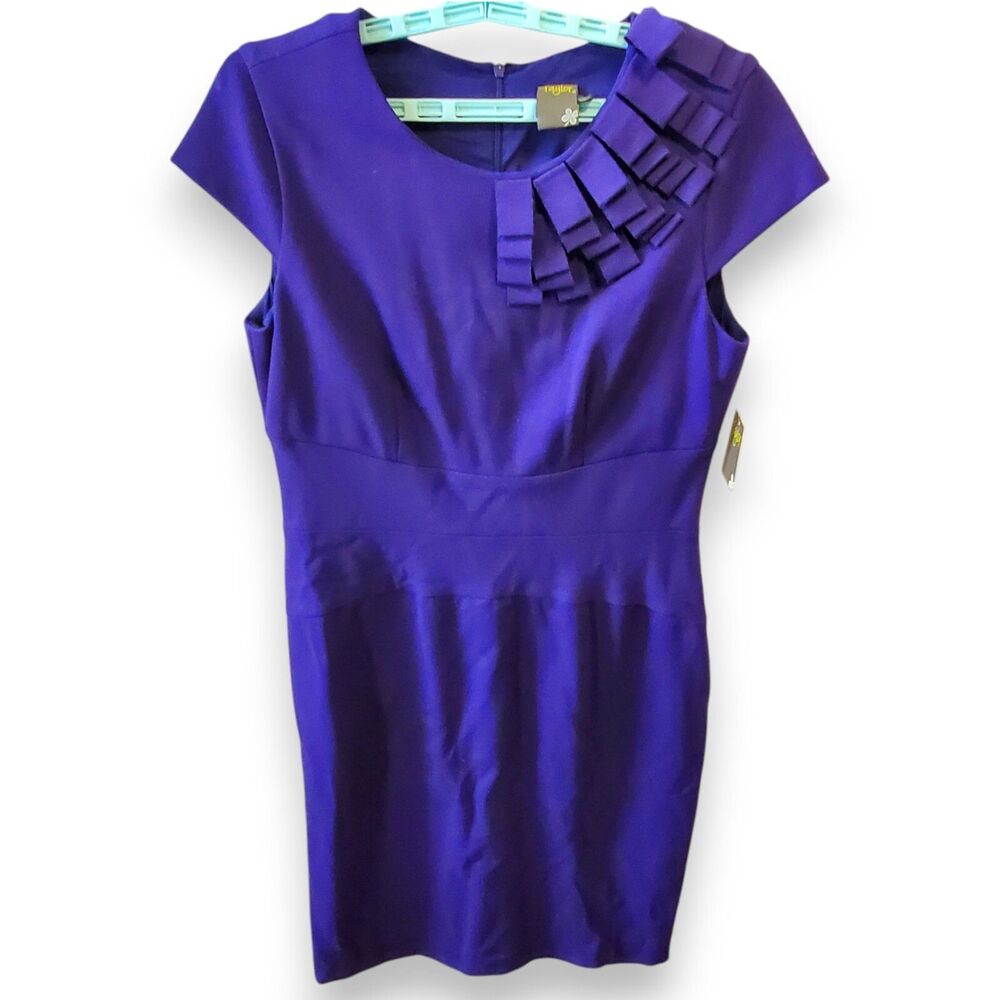 Taylor NWT Purple Crepe Sheath Dress Ruffle Shoulder Size 10